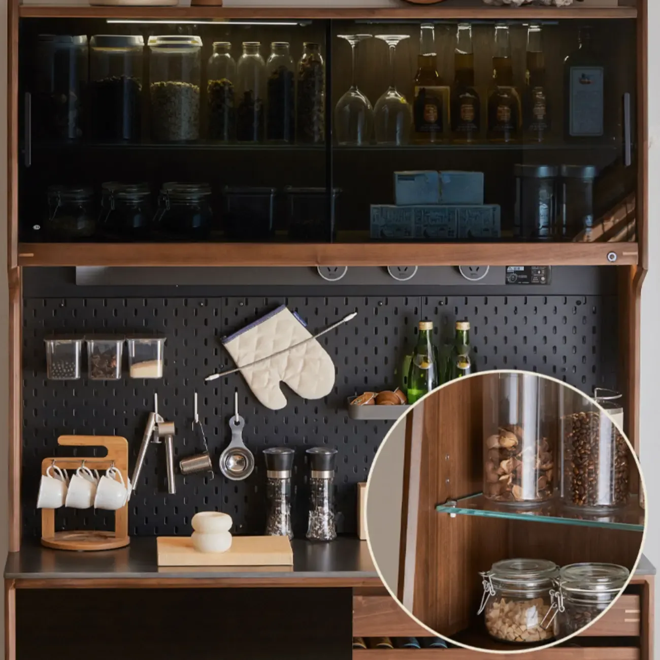 Trendy Wood Brown Slatted Doors Sideboard Pegboard Back Image - 8