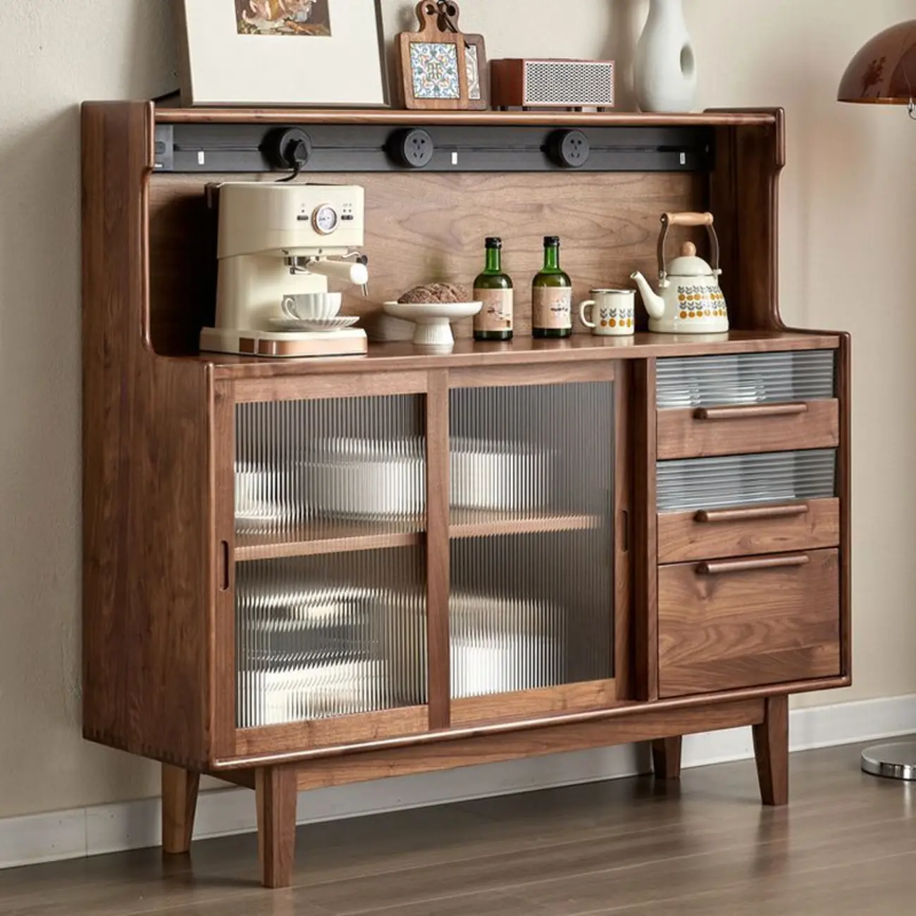 Nordic Walnut Wood Wide Buffet Tablet Sliding Glass Door Image - 1 | homeyfad