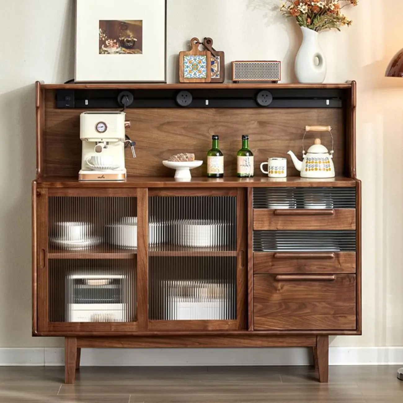 Nordic Walnut Wood Wide Buffet Tablet Sliding Glass Door Image - 2 | homeyfad