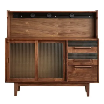 Nordic Walnut Wood Wide Buffet Tablet Sliding Glass Door Image - 6