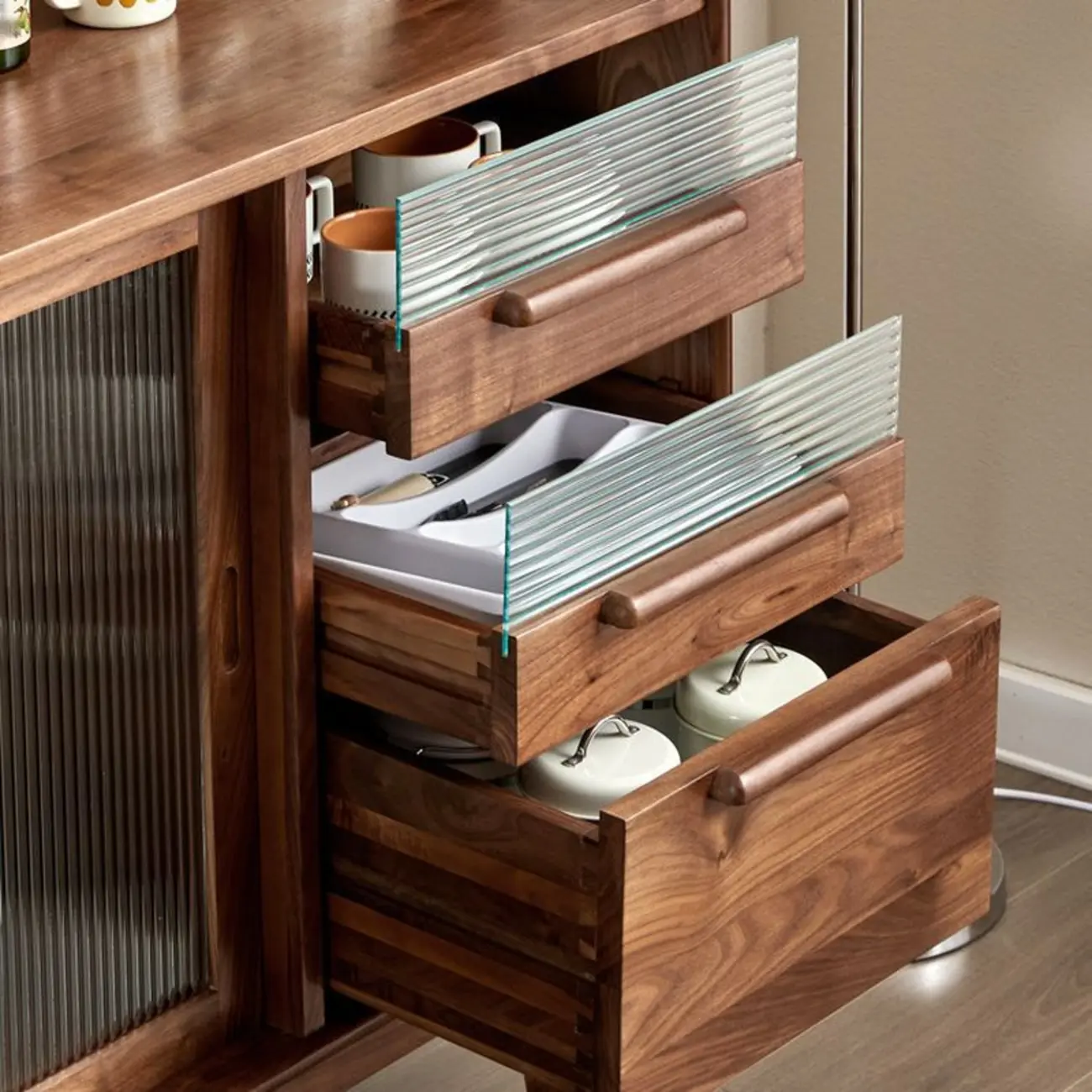 Nordic Walnut Wood Wide Buffet Tablet Sliding Glass Door Image - 3 | homeyfad