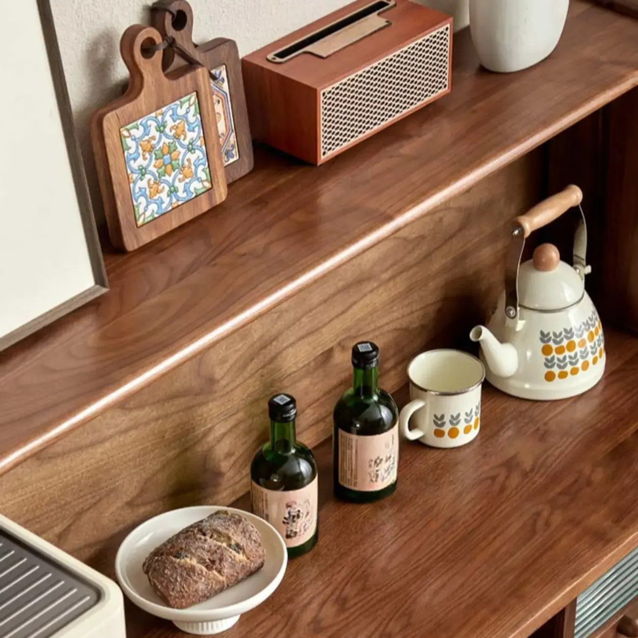 Nordic Walnut Wood Wide Buffet Tablet Sliding Glass Door Image - 4