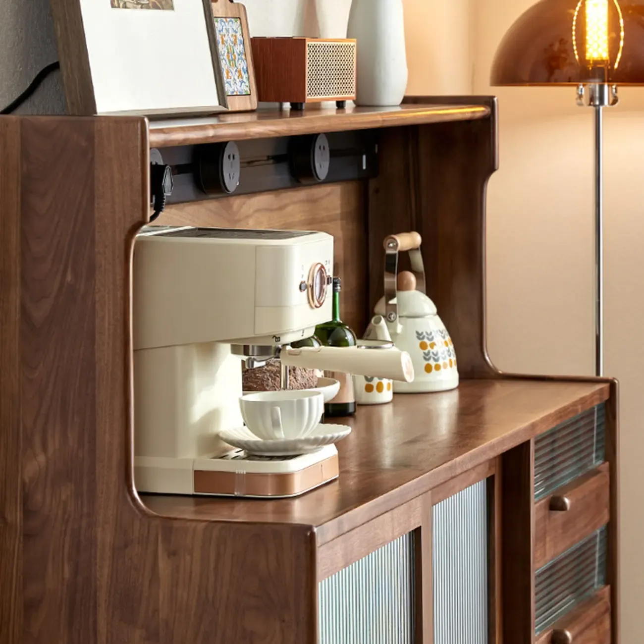 Nordic Walnut Wood Wide Buffet Tablet Sliding Glass Door Image - 9