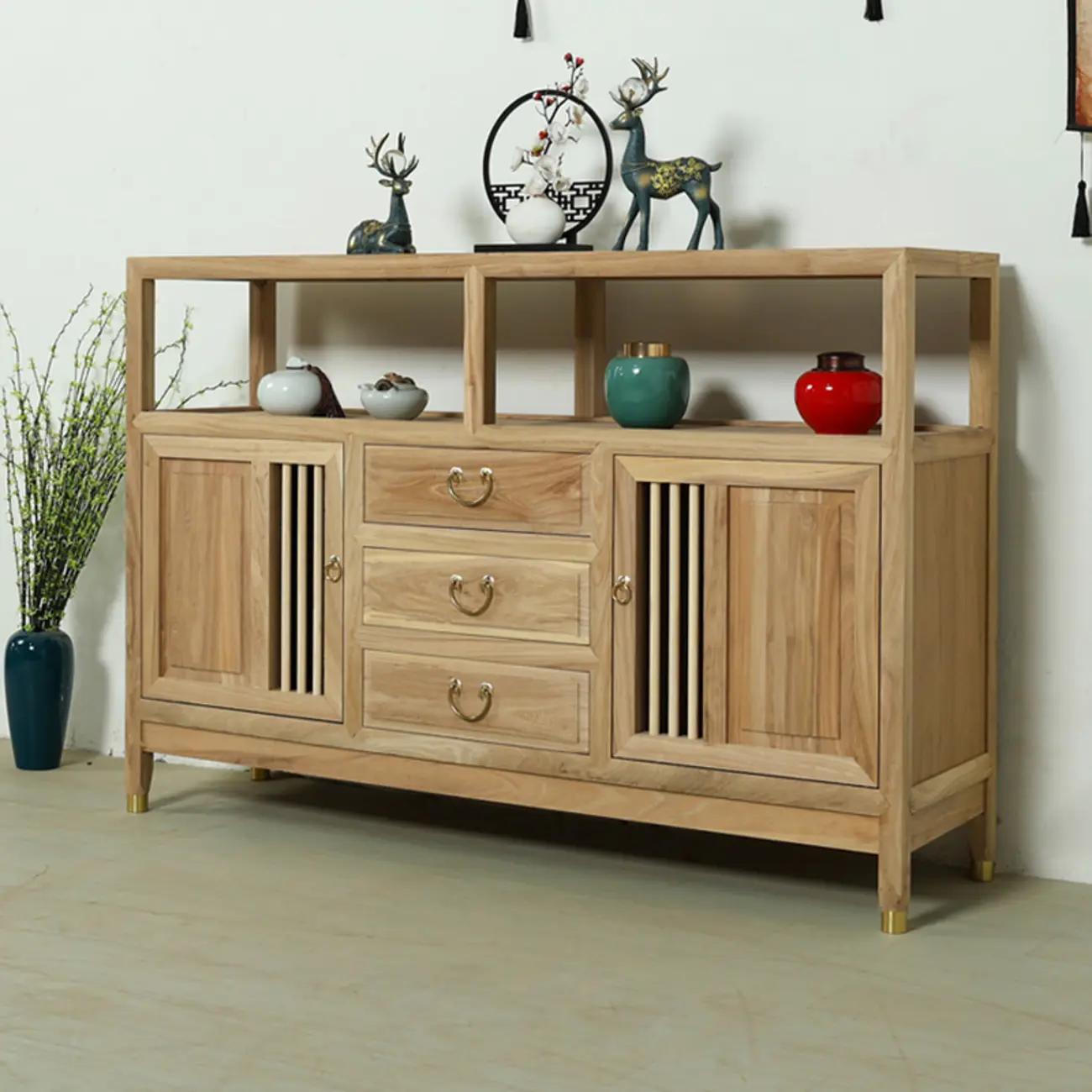 Natural Finish Wood 2-Shelf Sideboard with Drawers Image - 3 | homeyfad