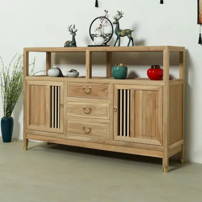 Natural Finish Wood 2-Shelf Sideboard with Drawers Image - 3