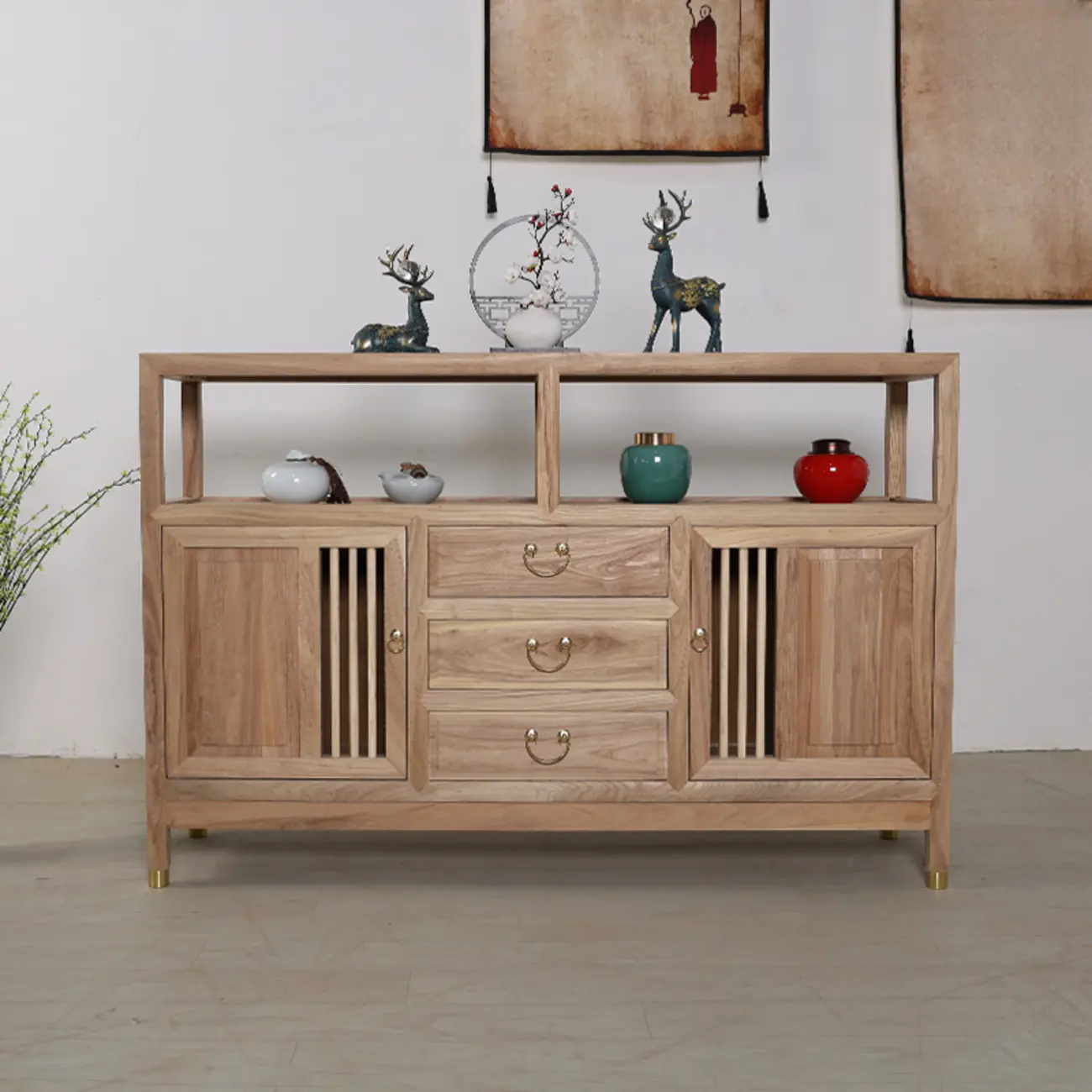 Natural Finish Wood 2-Shelf Sideboard with Drawers Image - 4 | homeyfad