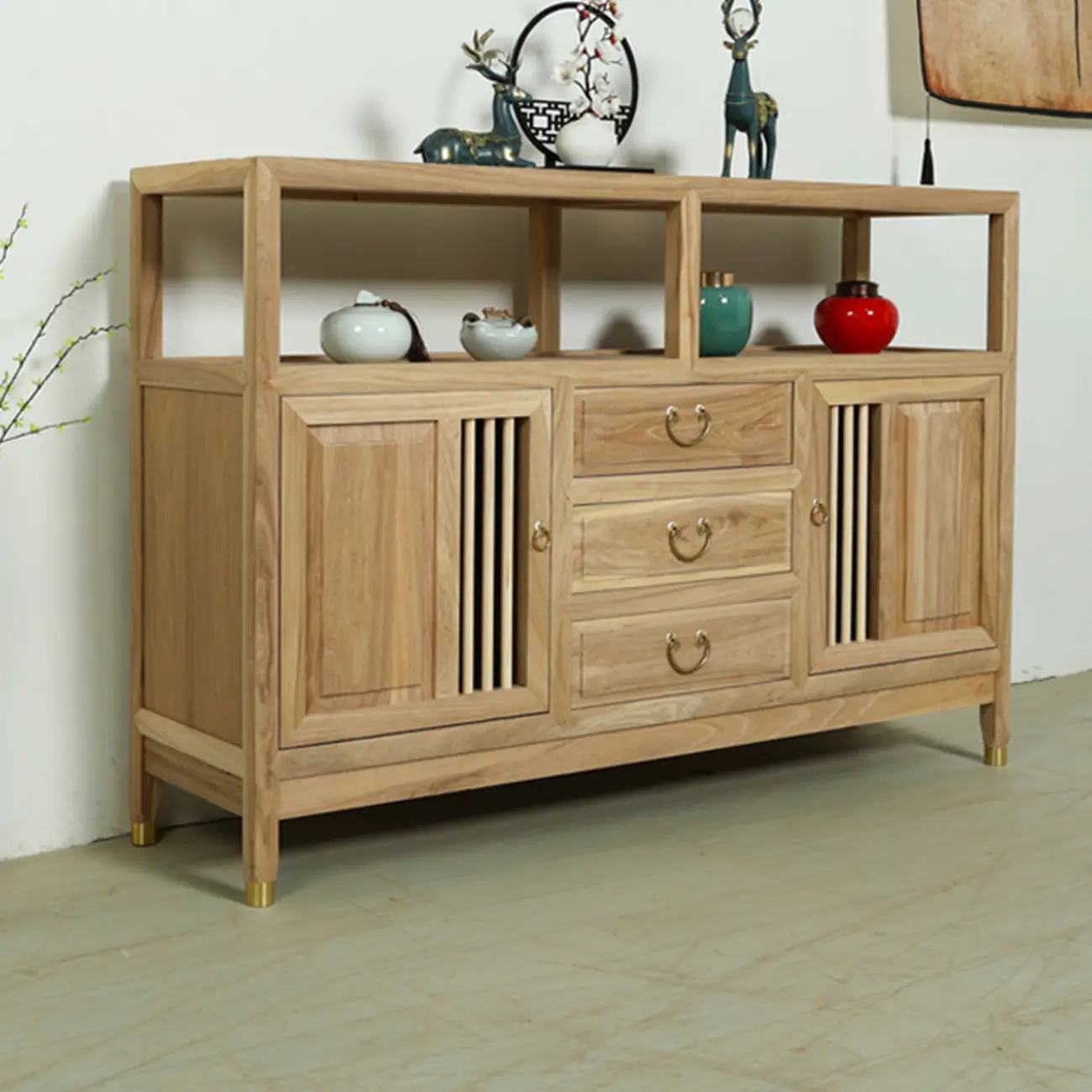 Natural Finish Wood 2-Shelf Sideboard with Drawers Image - 1 | homeyfad