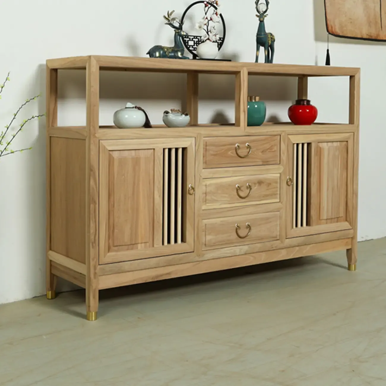 Natural Finish Wood 2-Shelf Sideboard with Drawers Image - 1