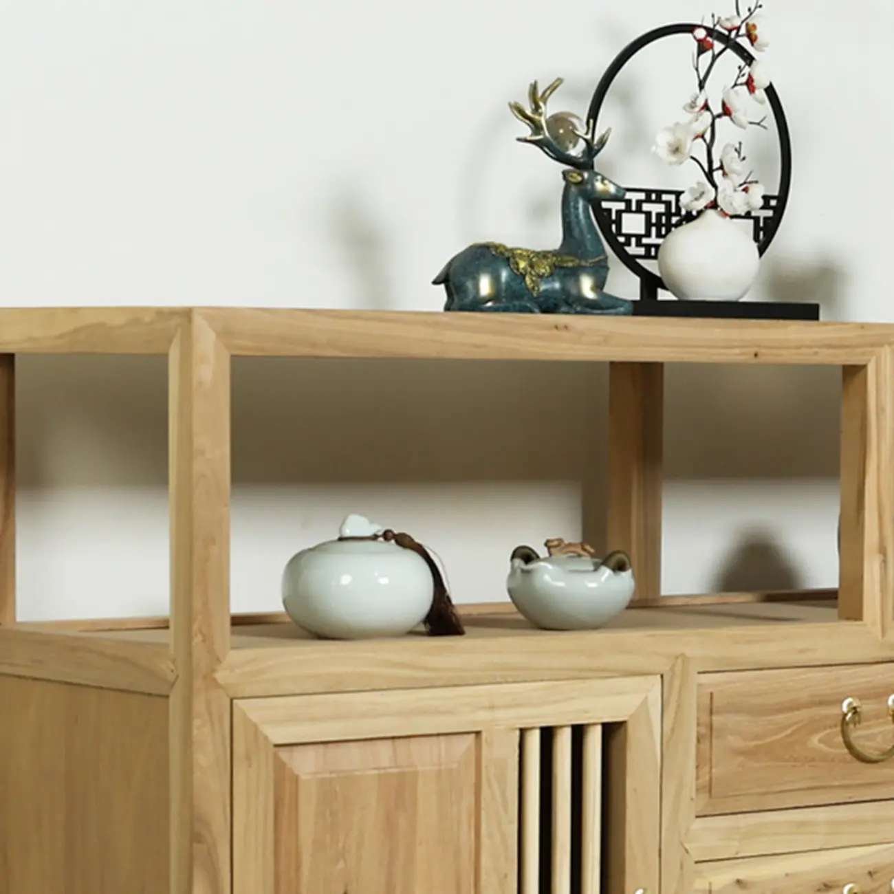 Natural Finish Wood 2-Shelf Sideboard with Drawers Image - 7 | homeyfad
