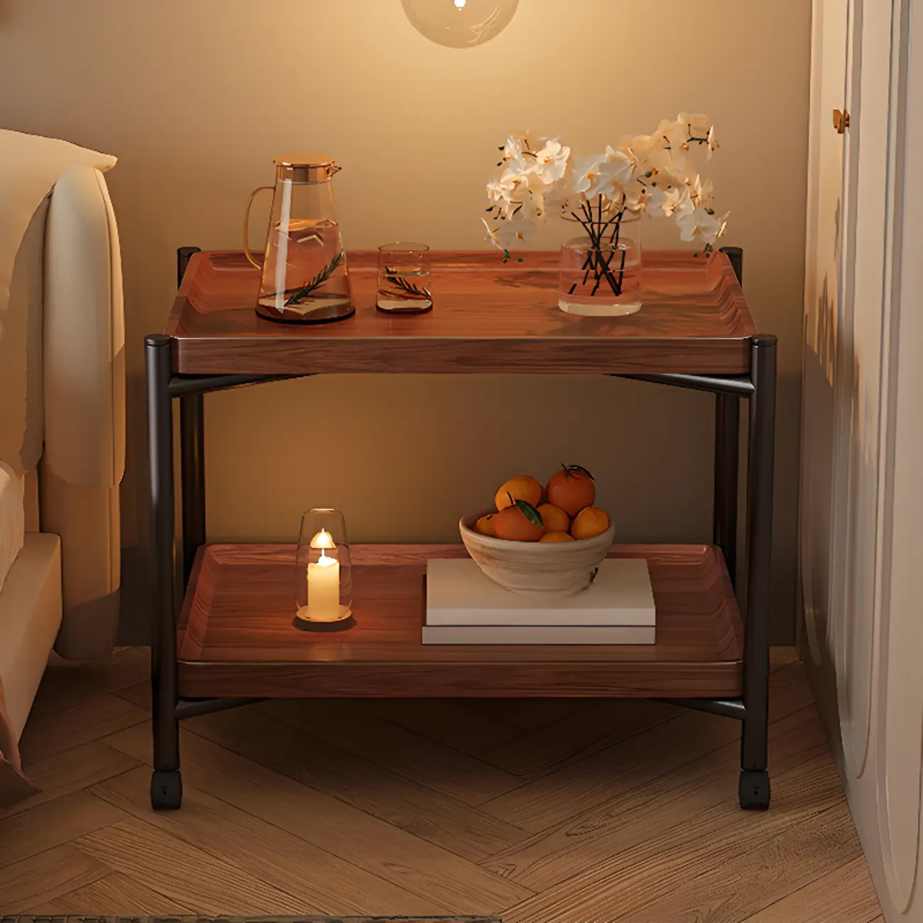 Modern 2-Tier Brown Wooden Storage End Table with Wheels Image - 1 | homeyfad