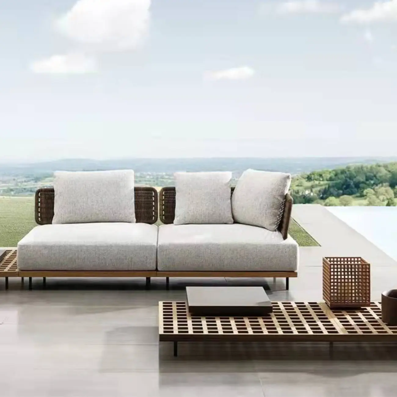 Weatherproof Wood Brown Sofa with Cushions Image - 1 | homeyfad