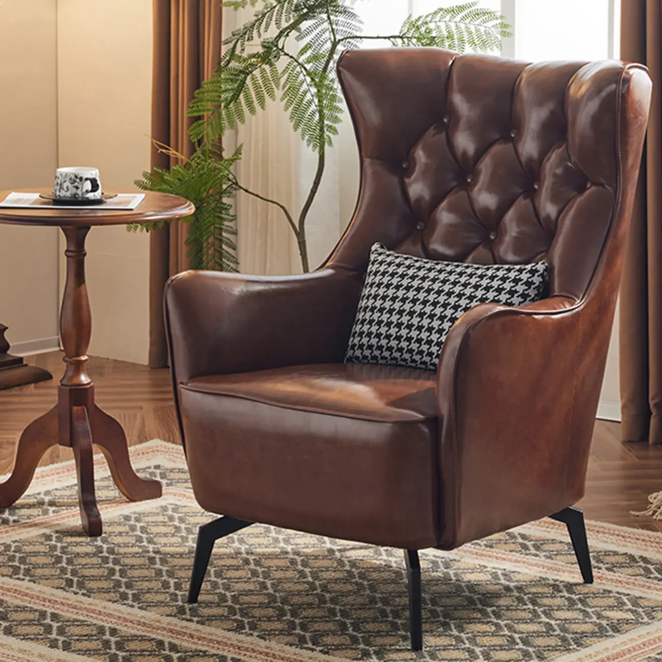 Modern Oiled Leather Tufted Wingback Accent Chair with Arms Image - 8 | homeyfad
