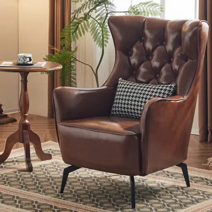 Modern Oiled Leather Tufted Wingback Accent Chair with Arms Image - 8