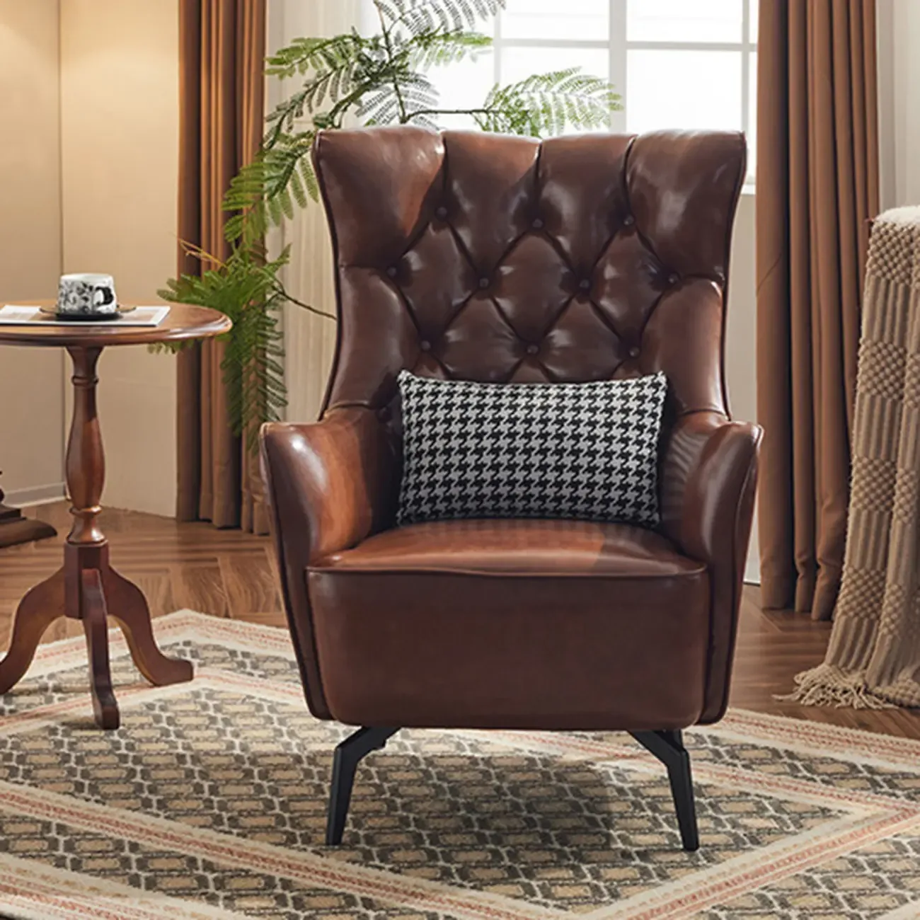 Modern Oiled Leather Tufted Wingback Accent Chair with Arms Image - 12