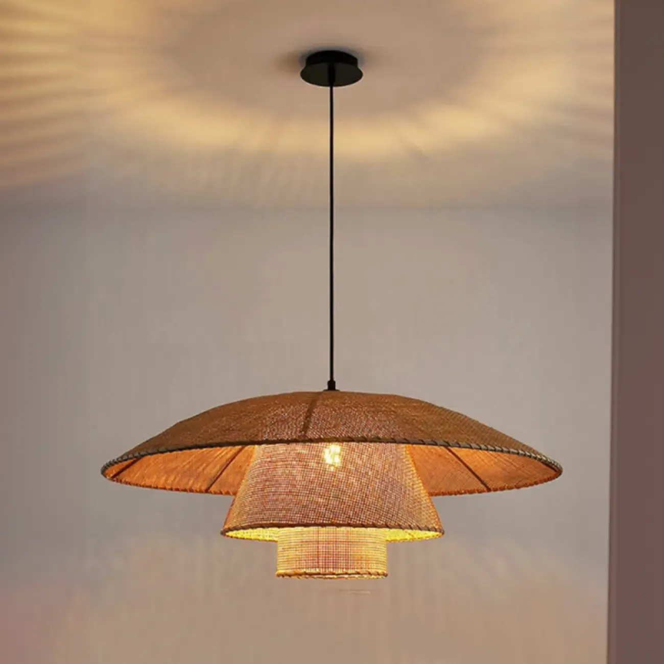 Oriental Rattan Beige Tiered Pendant Light Kitchen Island  Image - 1