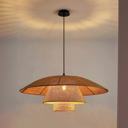 Oriental Rattan Beige Tiered Pendant Light Kitchen Island  Image - 1