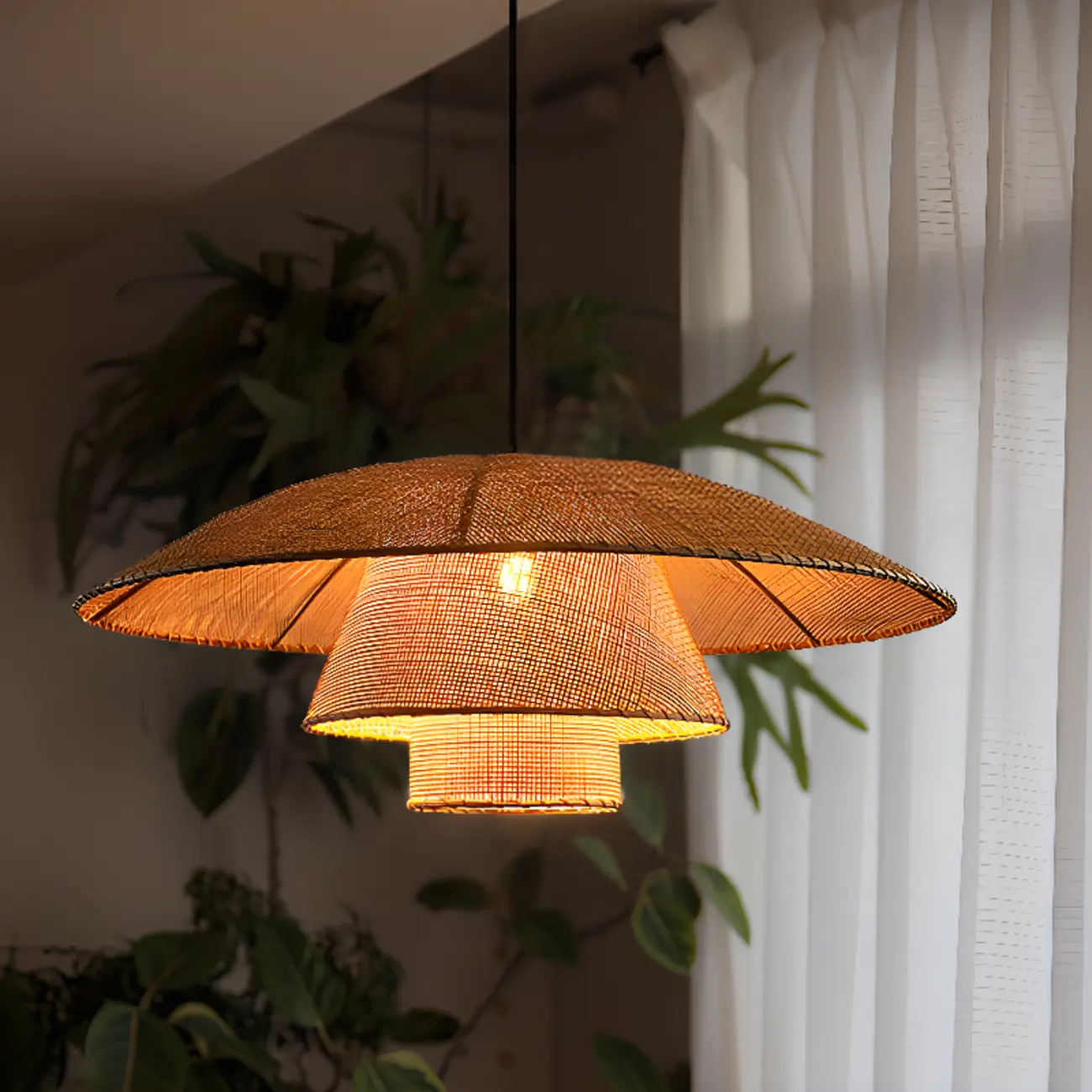 Oriental Rattan Beige Tiered Pendant Light Kitchen Island  Image - 3 | homeyfad