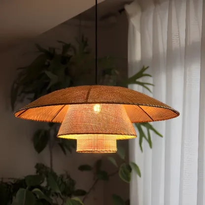 Oriental Rattan Beige Tiered Pendant Light Kitchen Island  Image - 3