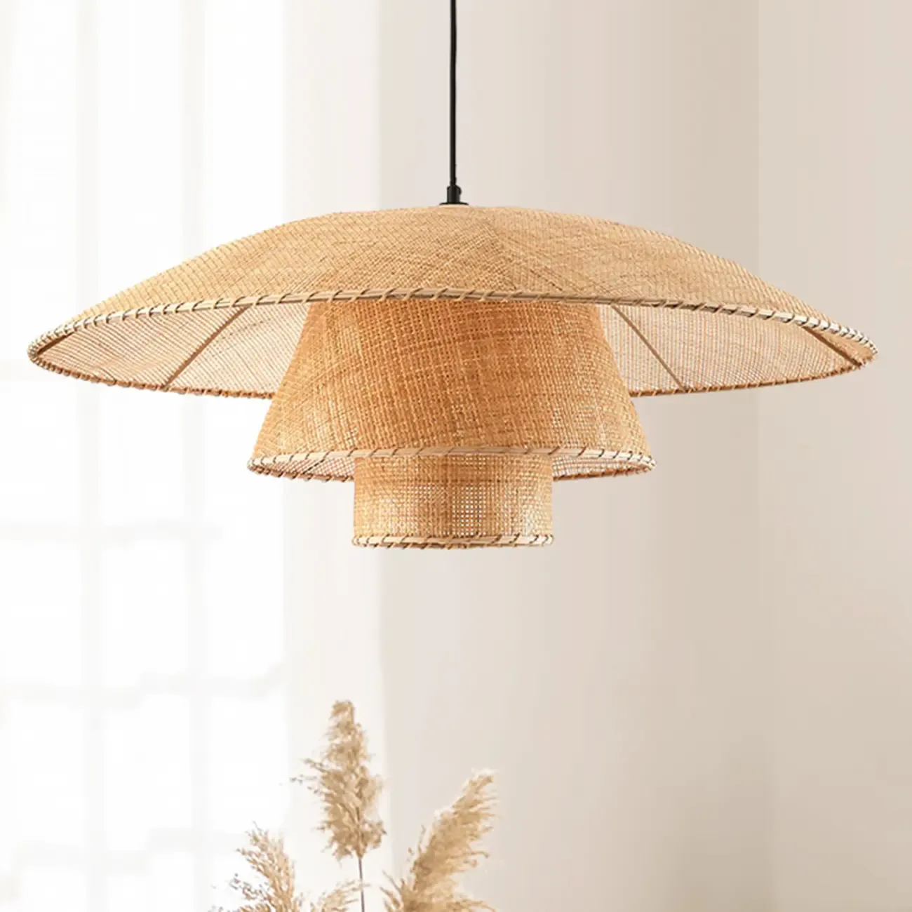 Oriental Rattan Beige Tiered Pendant Light Kitchen Island  Image - 2