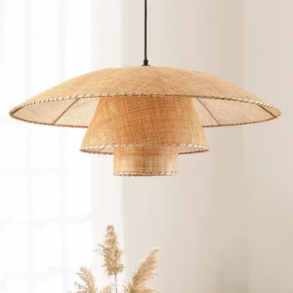 Oriental Rattan Beige Tiered Pendant Light Kitchen Island  Image - 2
