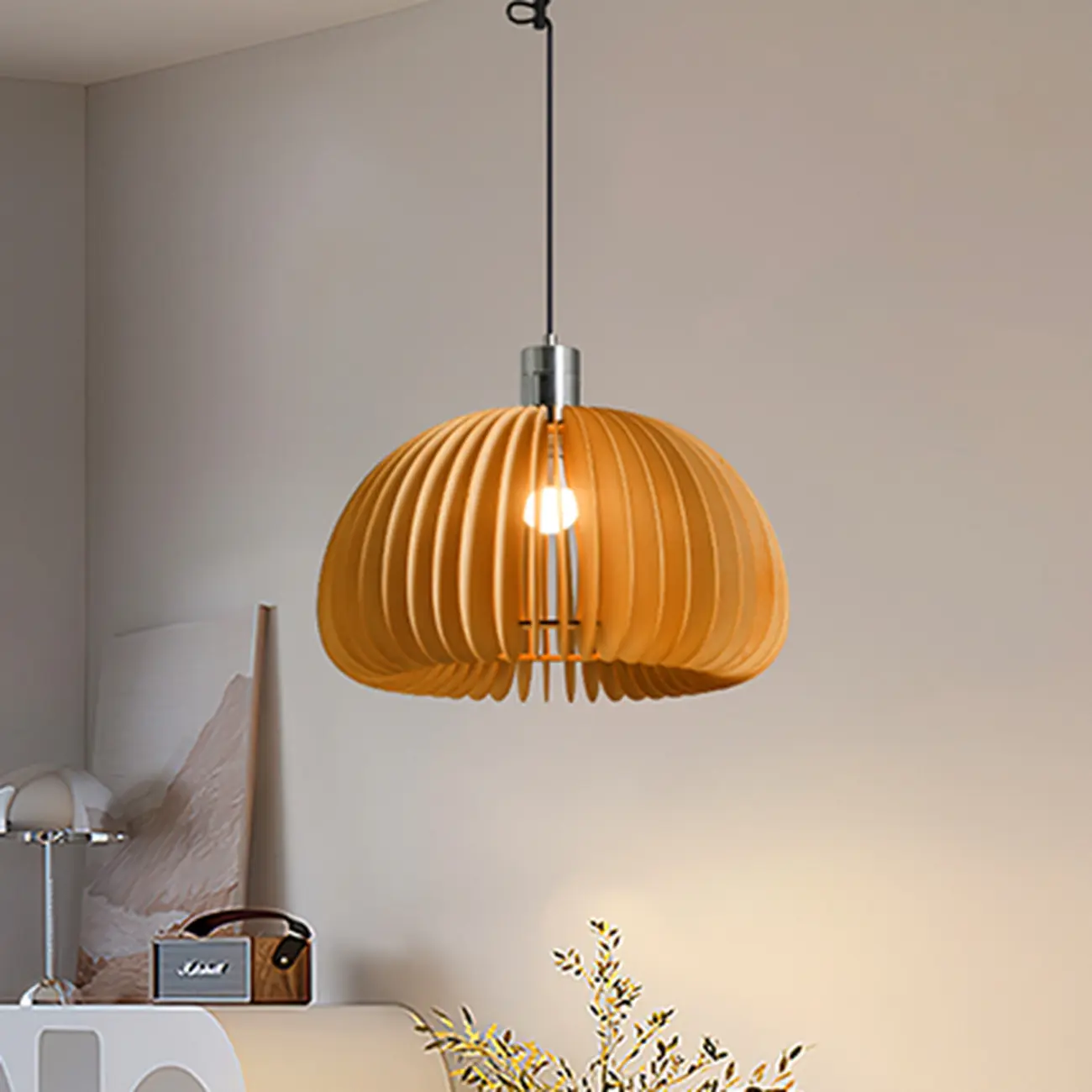 Swing Arm Walnut Solid Wood Pumpkin Pendant Light Fixture Image - 1 | homeyfad