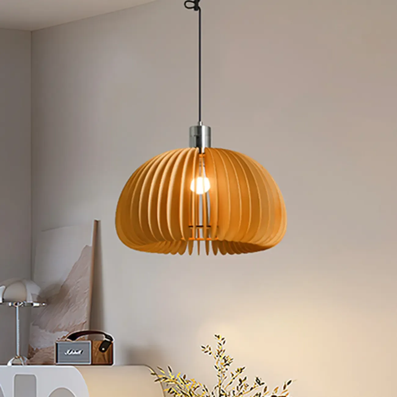 Swing Arm Walnut Solid Wood Pumpkin Pendant Light Fixture Image - 1