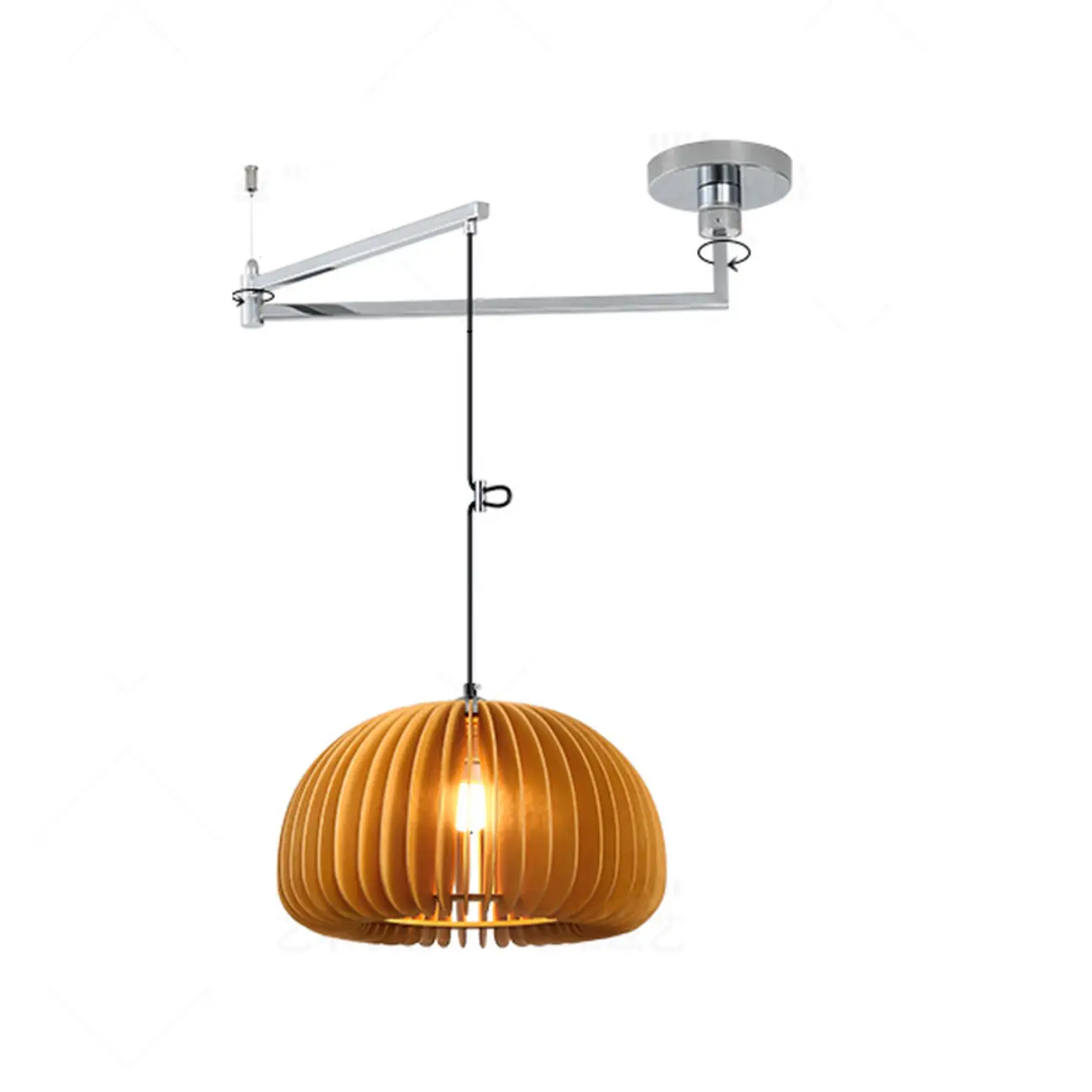 Swing Arm Walnut Solid Wood Pumpkin Pendant Light Fixture Image - 2 | homeyfad