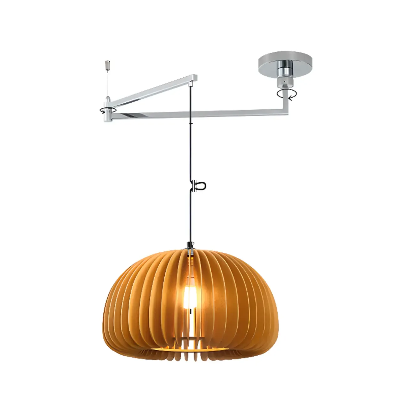 Swing Arm Walnut Solid Wood Pumpkin Pendant Light Fixture Image - 3