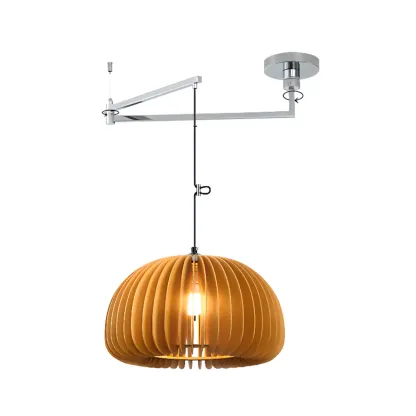 Swing Arm Walnut Solid Wood Pumpkin Pendant Light Fixture Image - 3