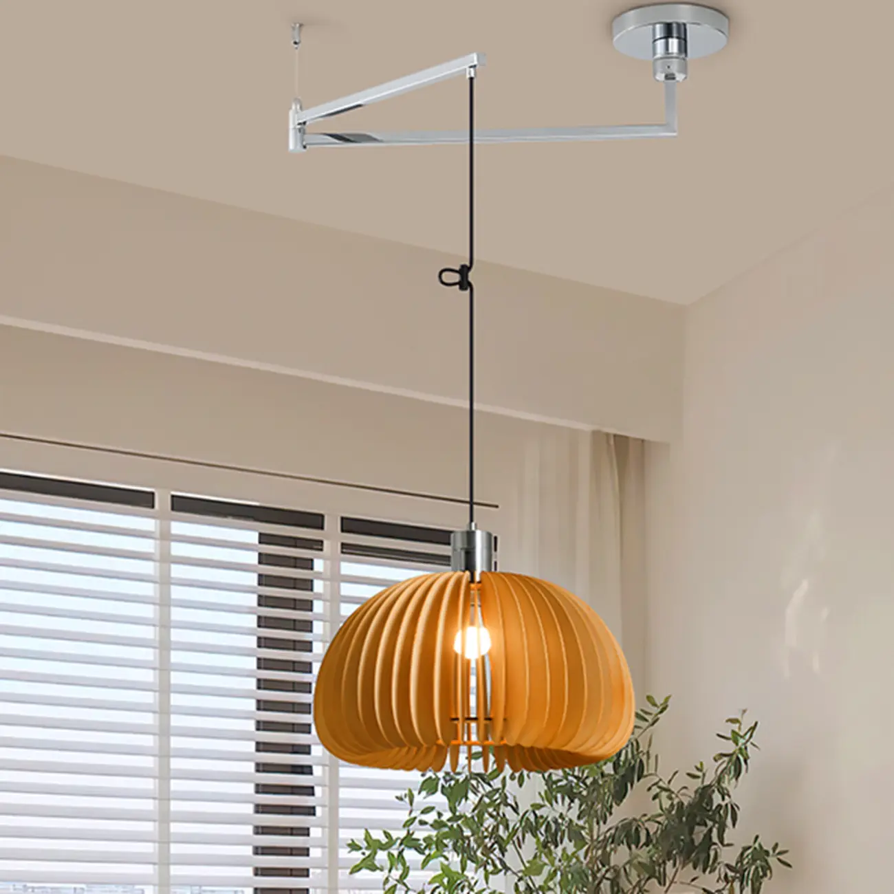 Swing Arm Walnut Solid Wood Pumpkin Pendant Light Fixture Image - 4 | homeyfad