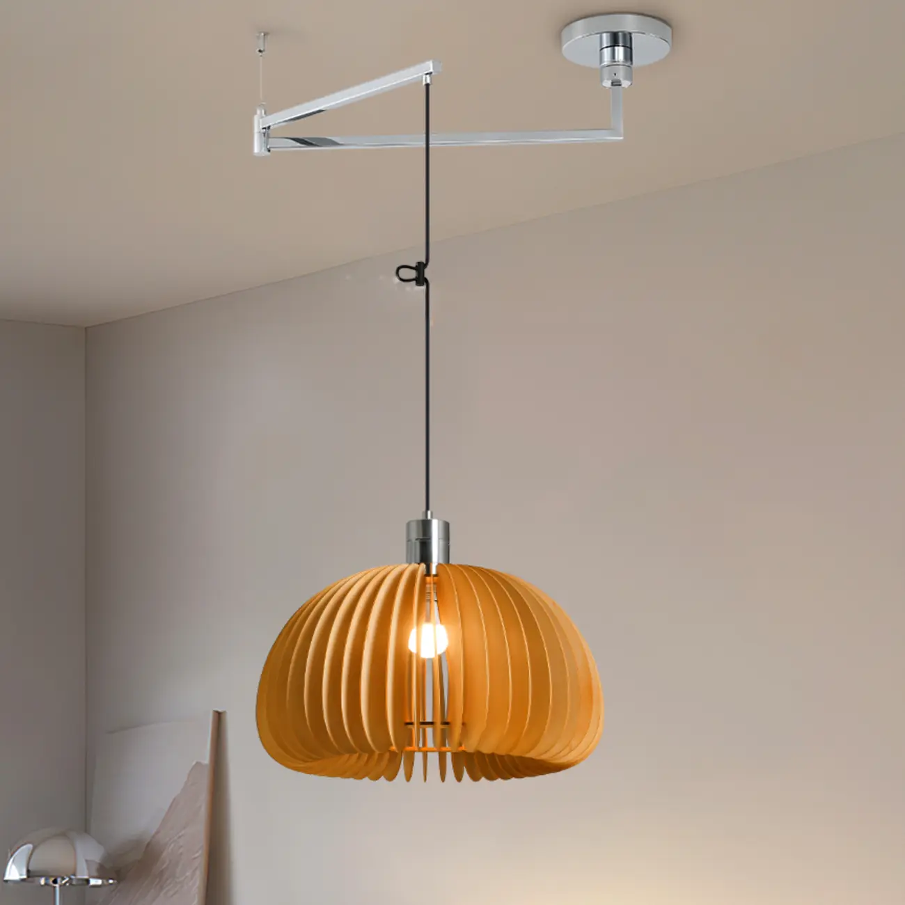 Swing Arm Walnut Solid Wood Pumpkin Pendant Light Fixture Image - 5 | homeyfad