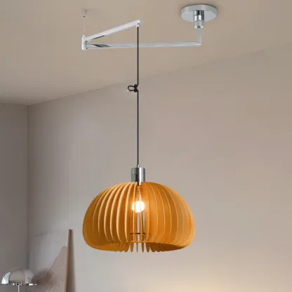 Swing Arm Walnut Solid Wood Pumpkin Pendant Light Fixture Image - 5