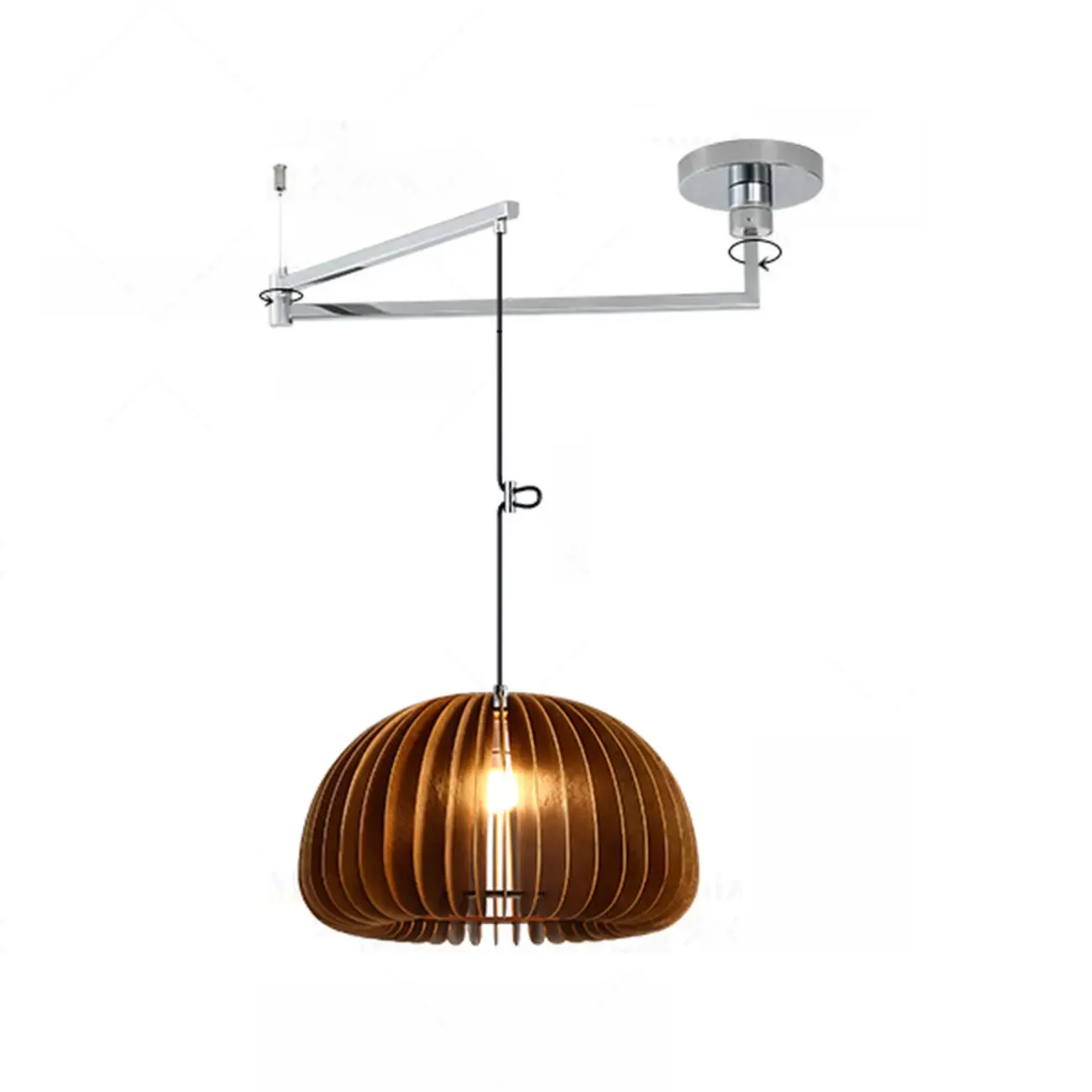 Swing Arm Walnut Solid Wood Pumpkin Pendant Light Fixture Image - 7