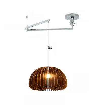Swing Arm Walnut Solid Wood Pumpkin Pendant Light Fixture Image - 7