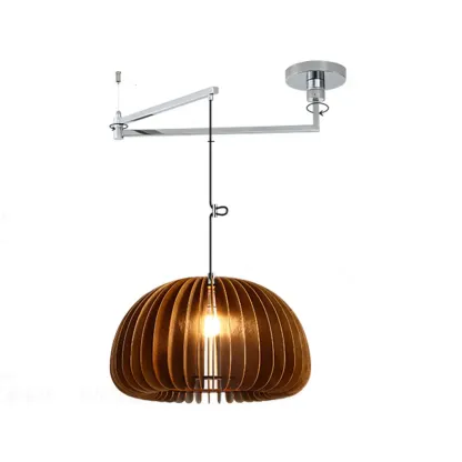 Swing Arm Walnut Solid Wood Pumpkin Pendant Light Fixture Image - 9