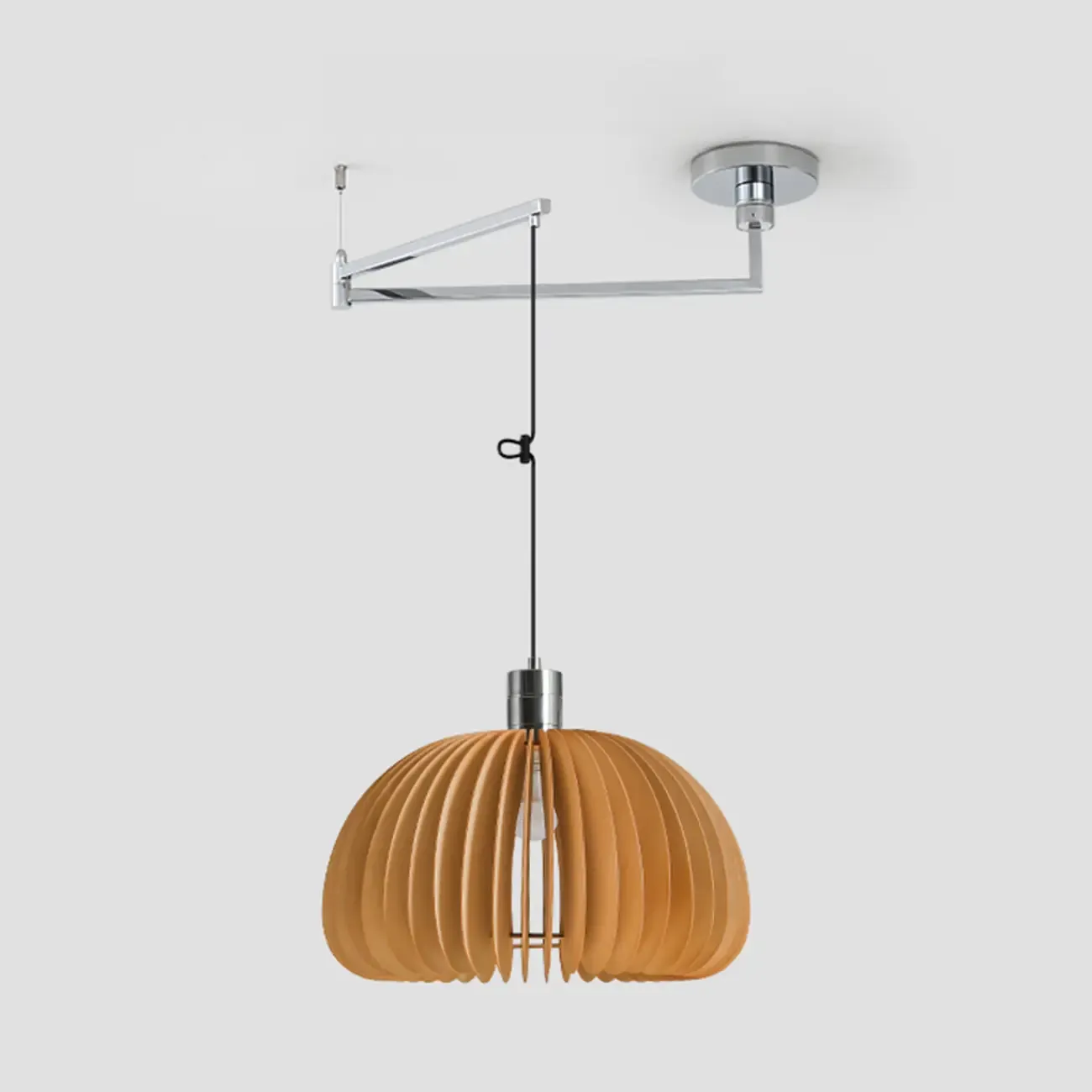 Swing Arm Walnut Solid Wood Pumpkin Pendant Light Fixture Image - 10