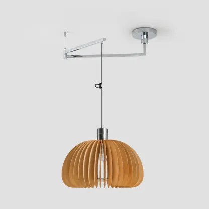 Swing Arm Walnut Solid Wood Pumpkin Pendant Light Fixture Image - 10