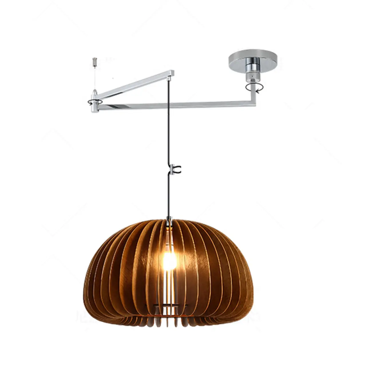 Swing Arm Walnut Solid Wood Pumpkin Pendant Light Fixture Image - 11 | homeyfad