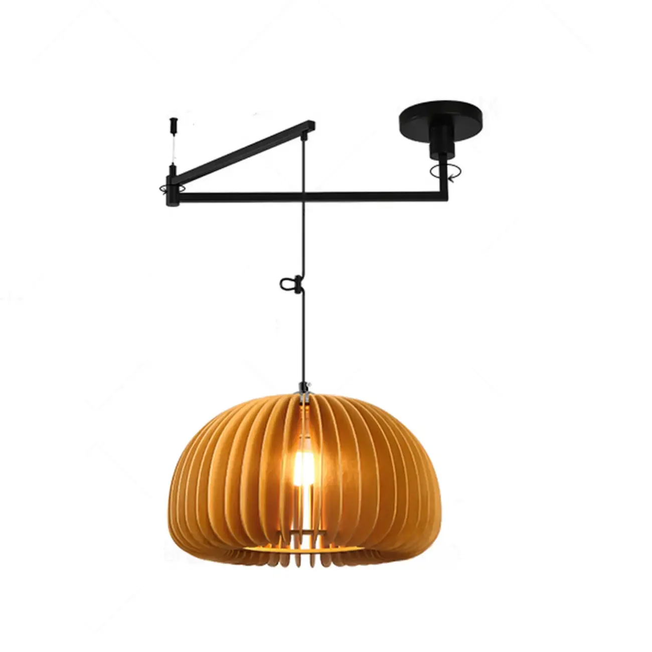 Swing Arm Walnut Solid Wood Pumpkin Pendant Light Fixture Image - 14
