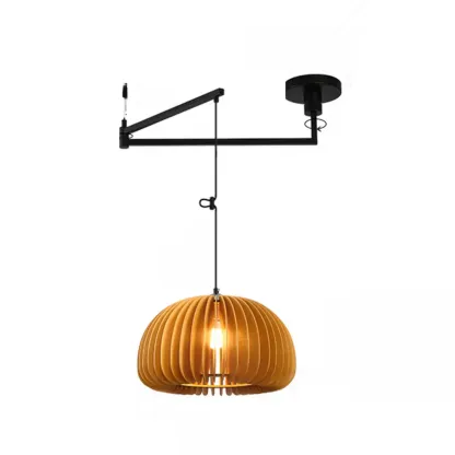 Swing Arm Walnut Solid Wood Pumpkin Pendant Light Fixture Image - 16
