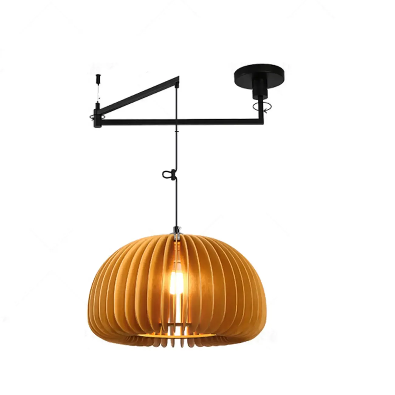 Swing Arm Walnut Solid Wood Pumpkin Pendant Light Fixture Image - 17