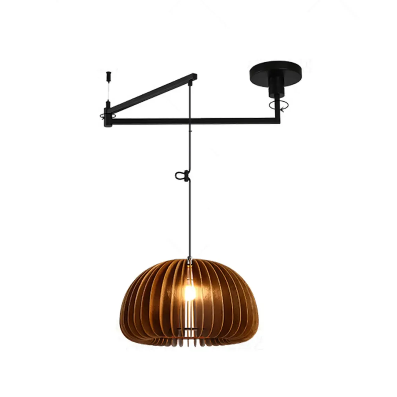 Swing Arm Walnut Solid Wood Pumpkin Pendant Light Fixture Image - 18