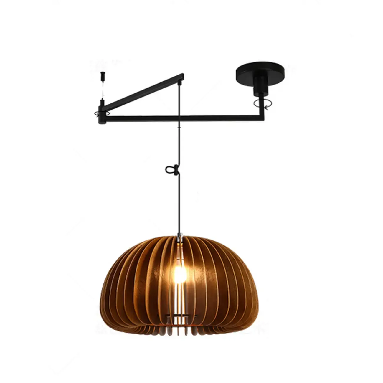 Swing Arm Walnut Solid Wood Pumpkin Pendant Light Fixture Image - 19