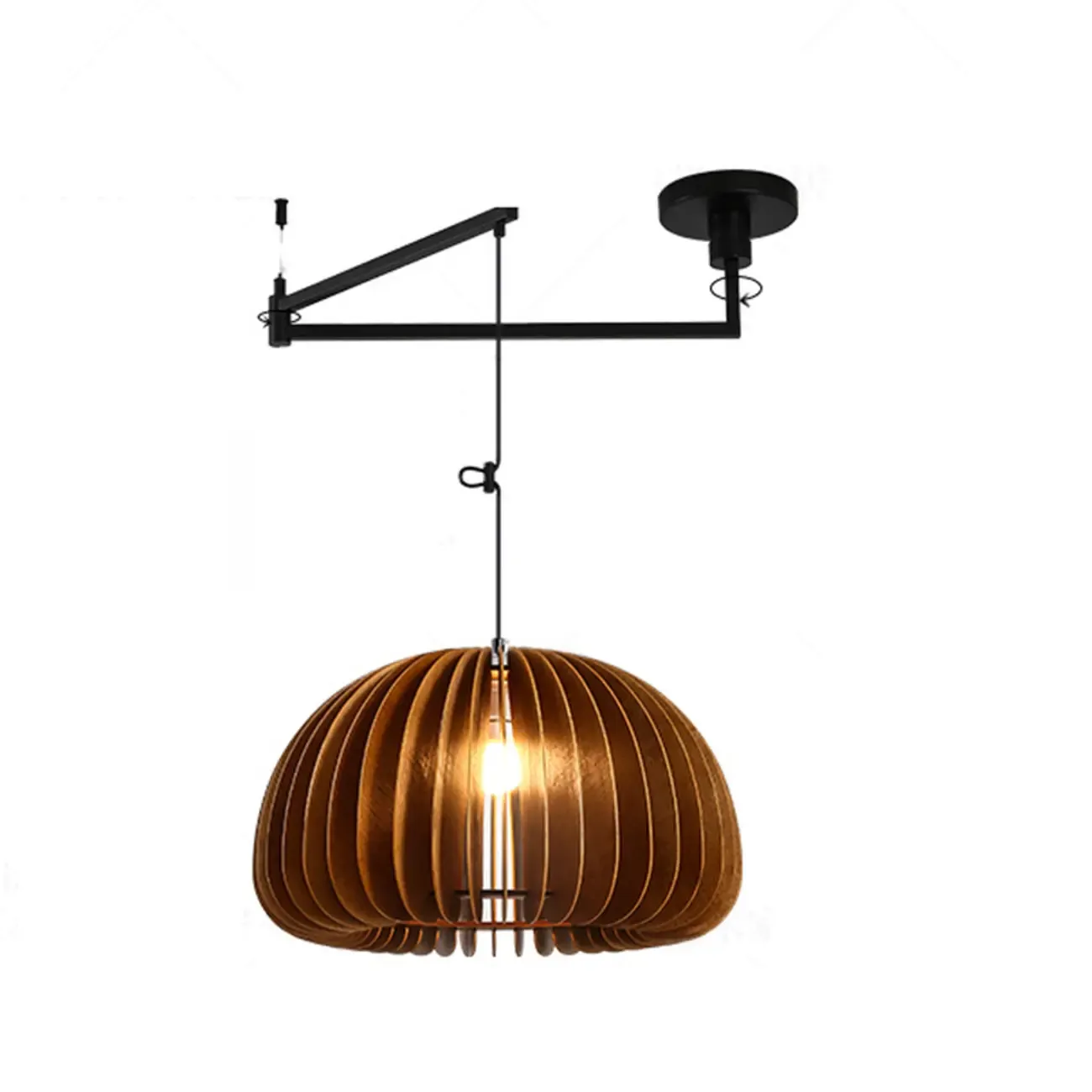 Swing Arm Walnut Solid Wood Pumpkin Pendant Light Fixture Image - 20