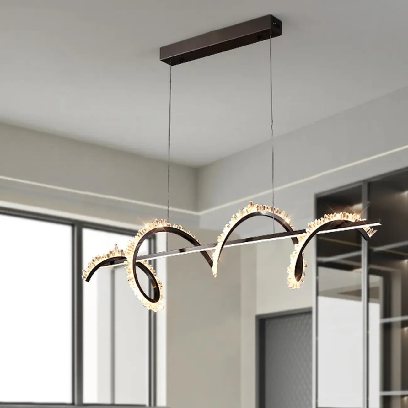 Swirl 2-Light Linear Crystal Black Pendant Light for Kitchen Image - 4