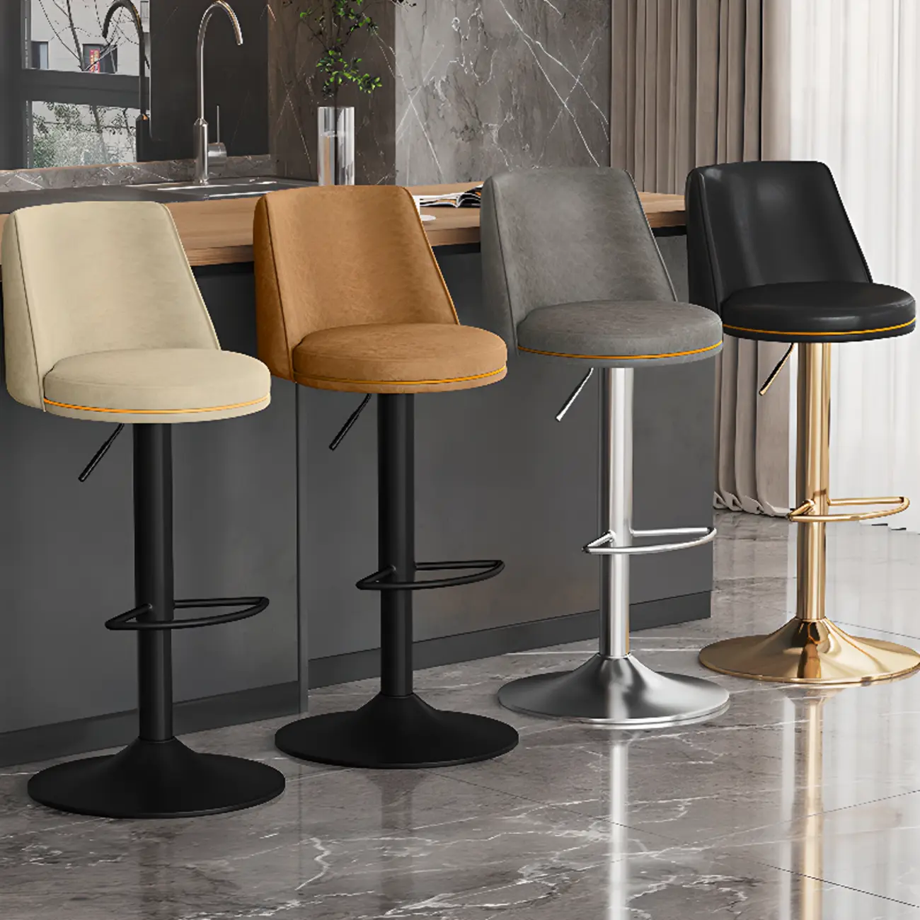 Leather Upholstered Backrest Adjustable Swivel Bar Stool Image - 1 | homeyfad