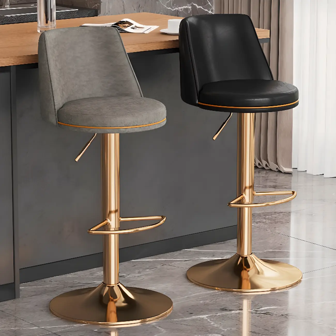 Leather Upholstered Backrest Adjustable Swivel Bar Stool Image - 3 | homeyfad