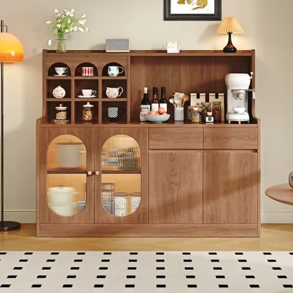 Oak Wood Open Storage Kitchen Sideboard with Cubbies Image - 3