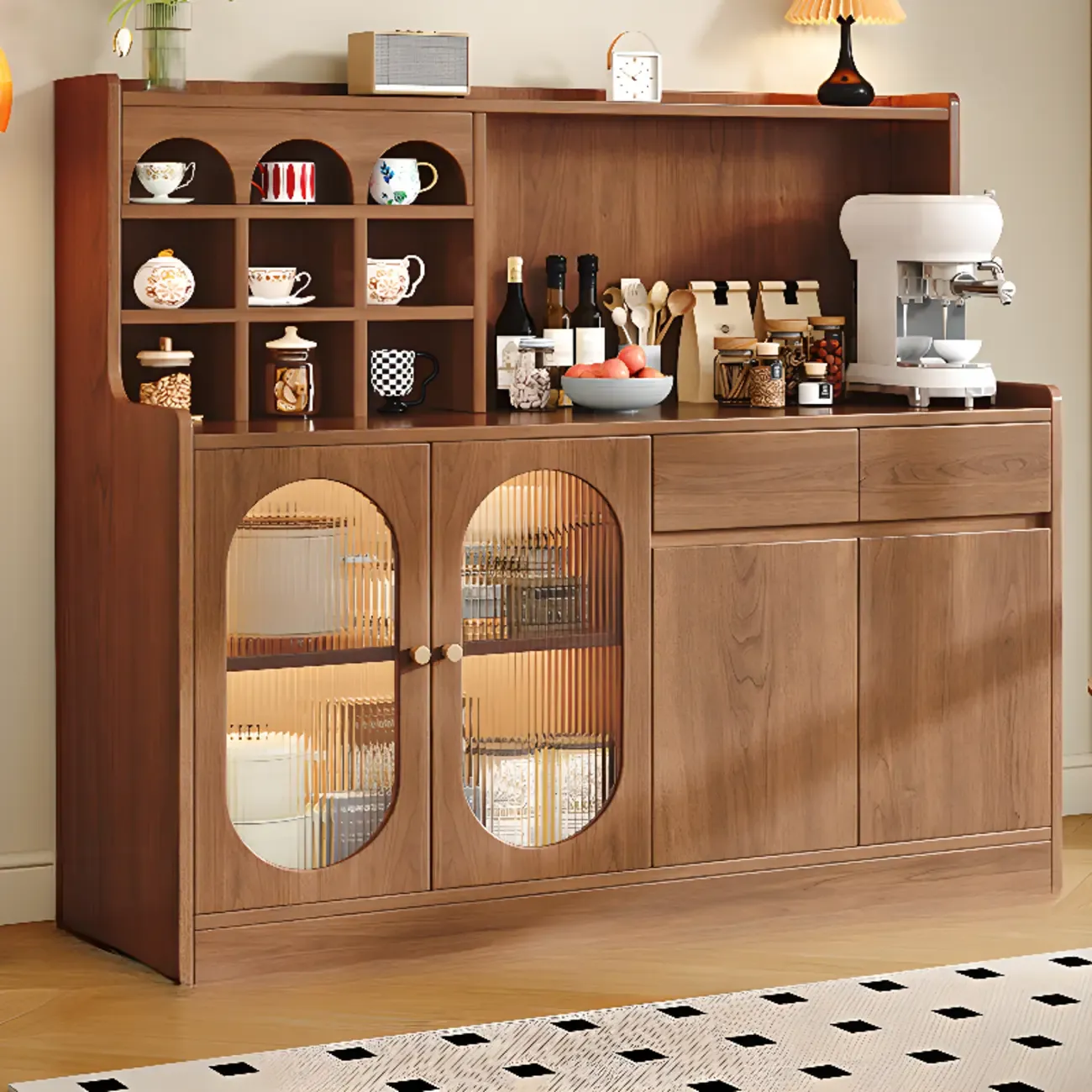 Oak Wood Open Storage Kitchen Sideboard with Cubbies Image - 1