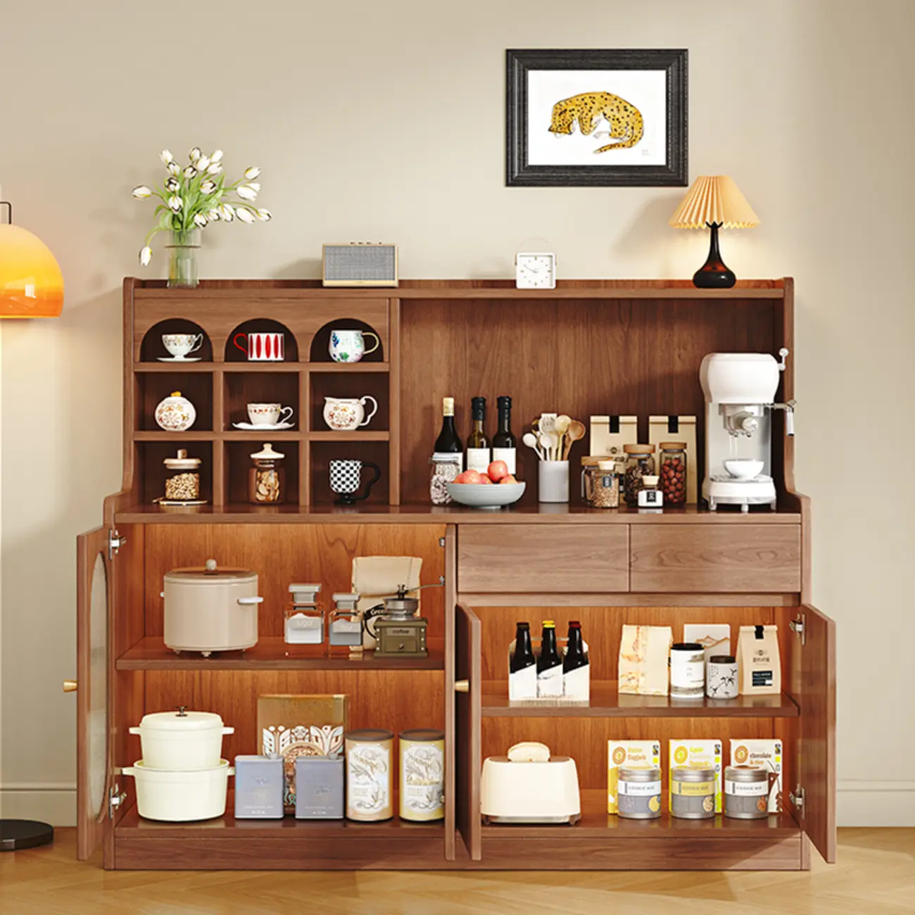 Oak Wood Open Storage Kitchen Sideboard with Cubbies Image - 7 | homeyfad